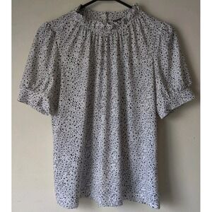 Adrienne Papell Women's White/Black Polka Dot Gathered Ruffled Stand Collar Sz M